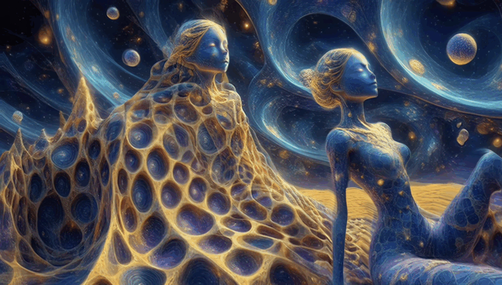 Two translucent, glowing figures on a desert dune beneath a swirling cosmic sky.